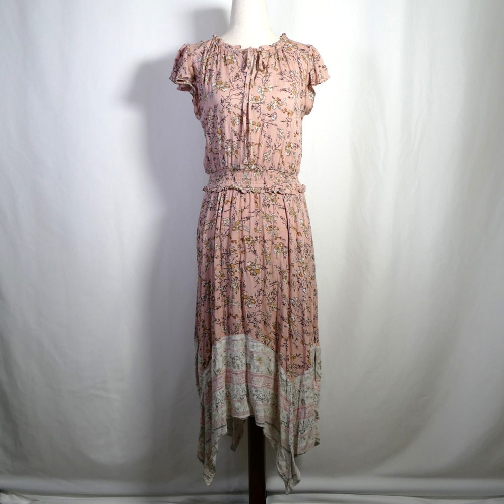 Womens Boho Cottagecore Patchwork Midi Dress Size S Floral Smocked Whimsical